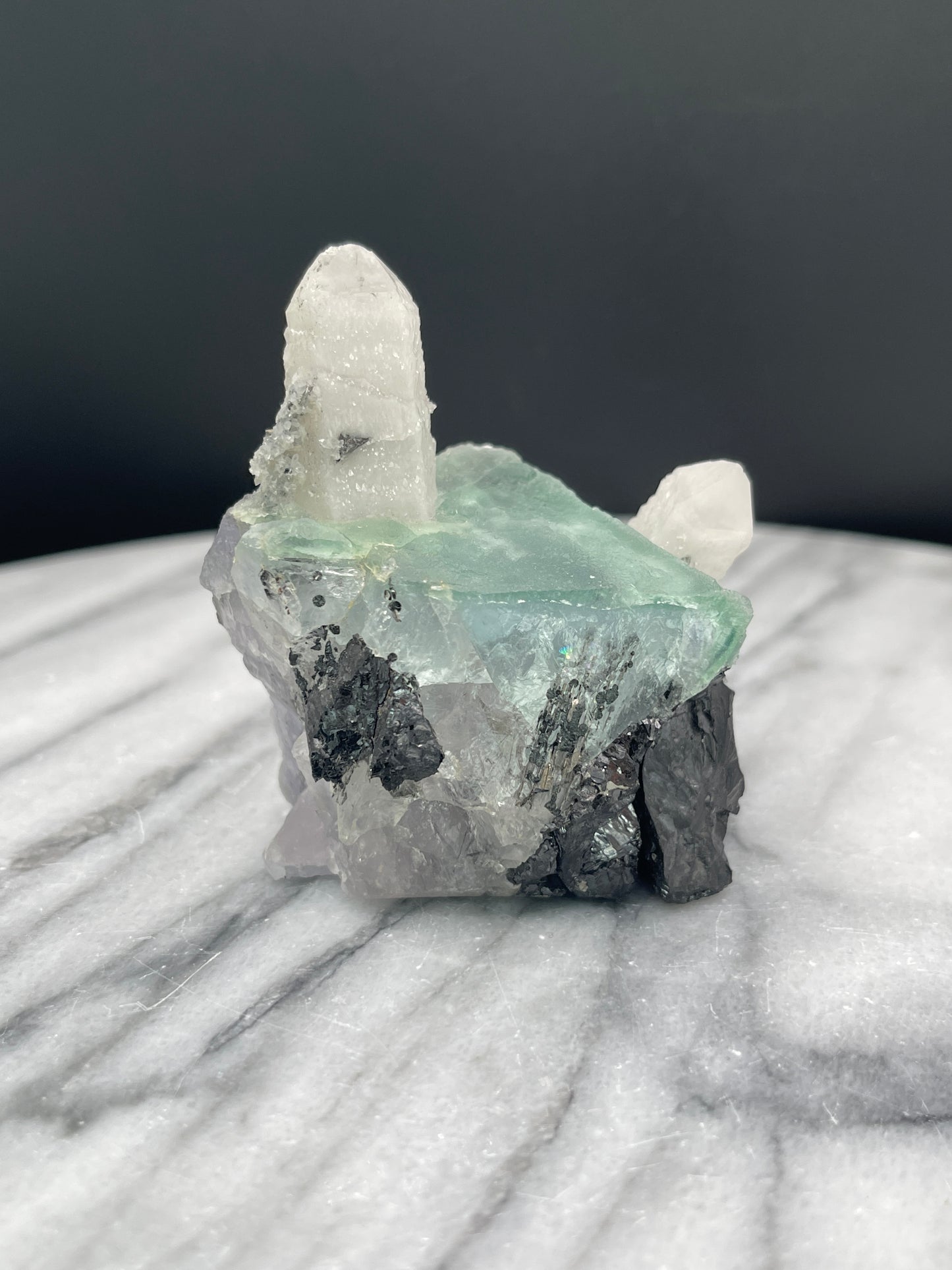 Bi Colored Fluorite With Milky White Quartz Points and Ferberite