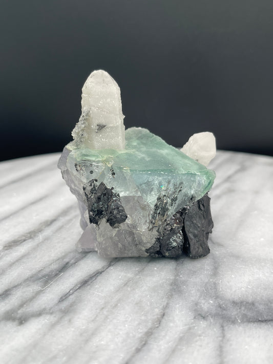 Bi Colored Fluorite With Milky White Quartz Points and Ferberite